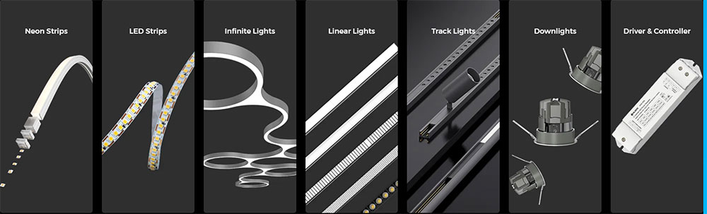 Neon Strips, LED Strips, Infinite Lights, Linear Lights, Track lights, and Downlights