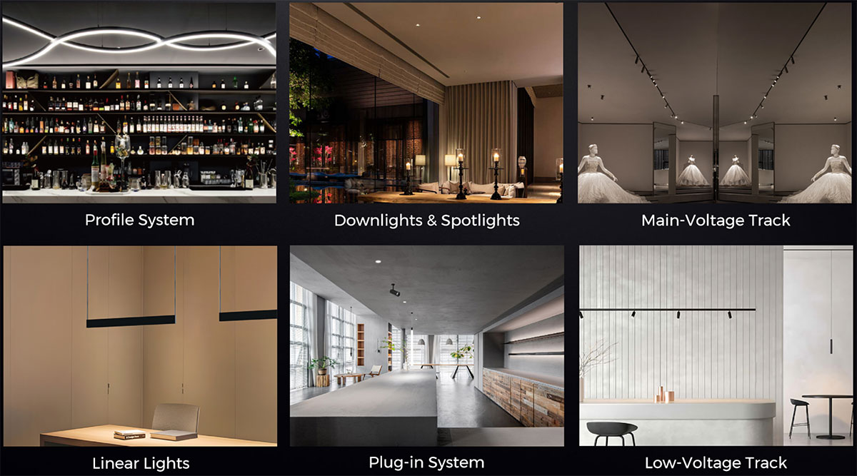 applications of linear lights and downlights and track lights and wall lights 